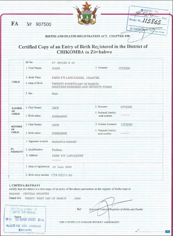 Download Zimbabwe birth certificate template in PSD format Photoshop template